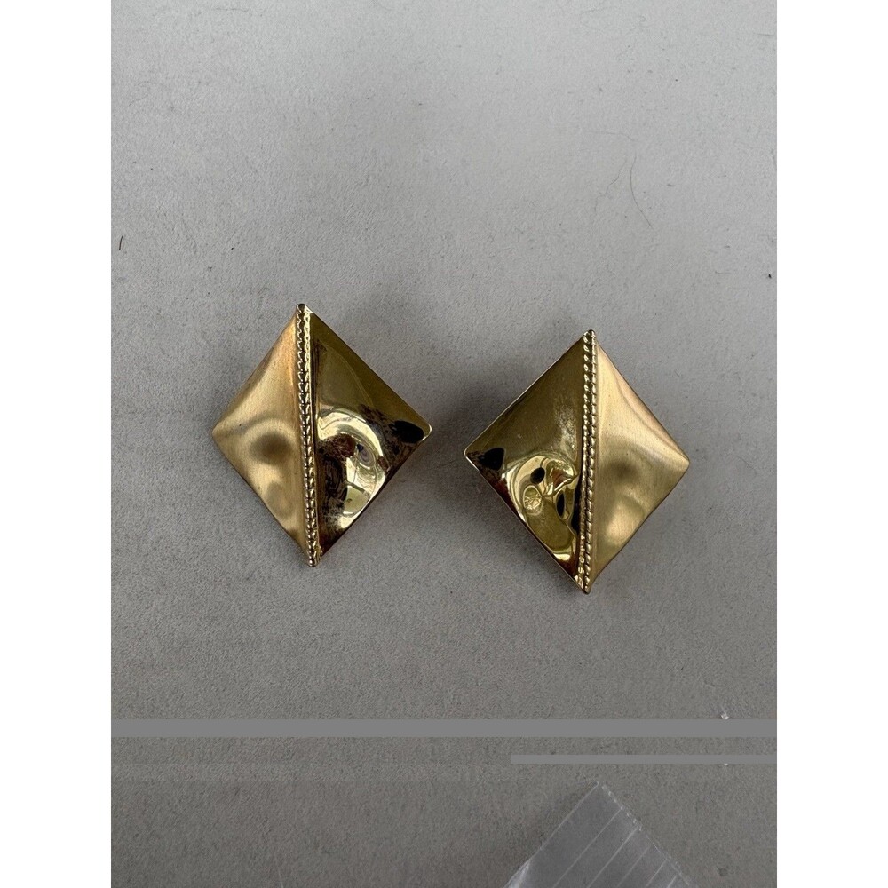 Vintage 1980s Gold Tone Geometric Diamond Shaped Earrings Chunky Statement Clip